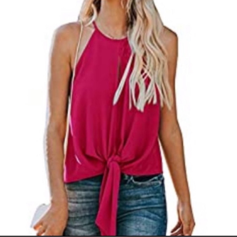 NWOT Pink Tank/Silky/Keyhole at Chest/Tie Front/Button Back